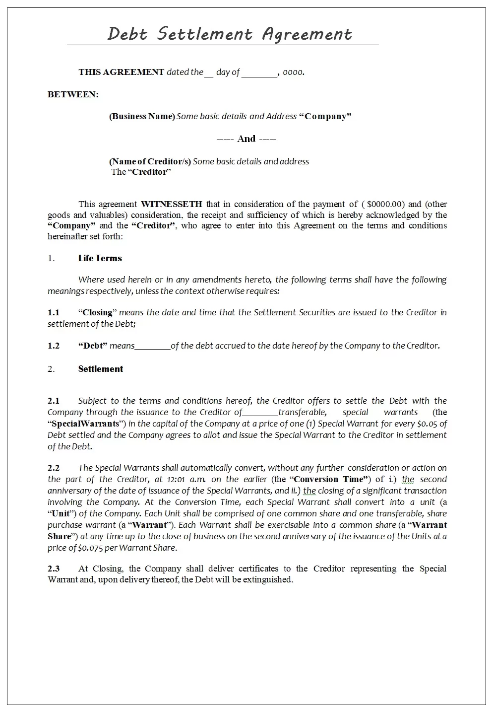 Content Of A Debt Settlement Agreement Free Word Excel Templates