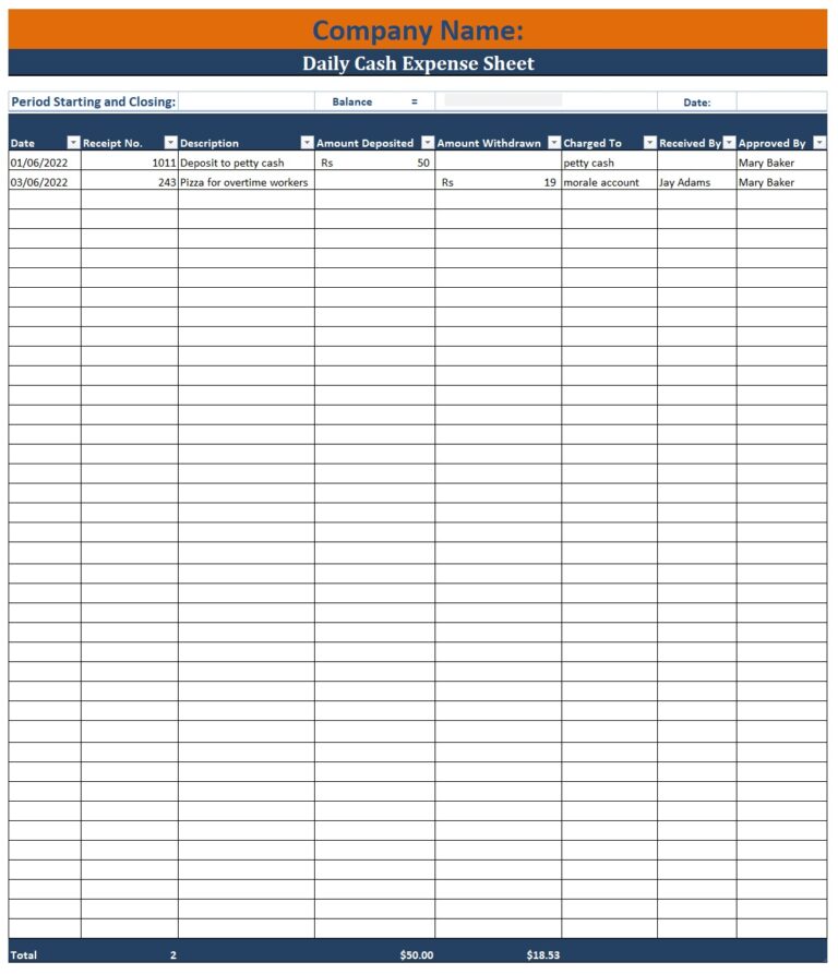 Daily Cash Expenses Sheet Template | Free Word & Excel Templates