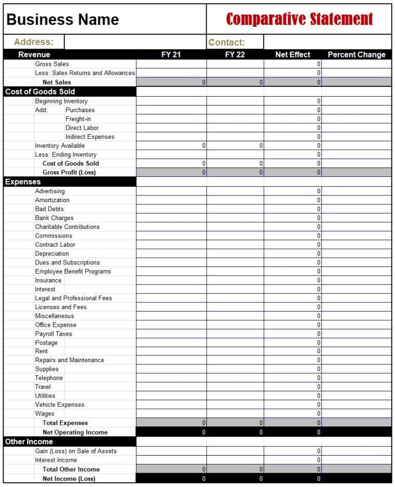 Comparative Statement Format | Free Word & Excel Templates