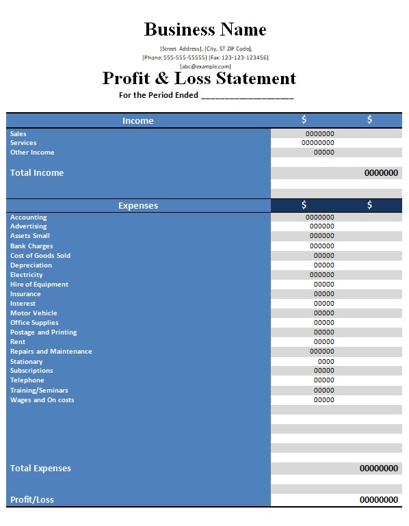 Profit And Loss Template - Income Statement Template Excel