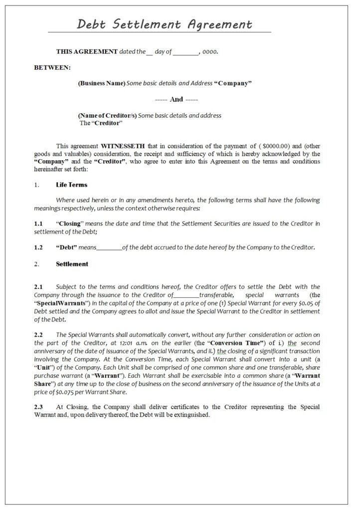 Debt Settlement Agreement Template | Free Word & Excel Templates