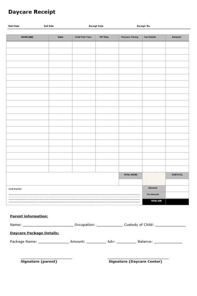 Daycare Receipt Template | Free Word & Excel Templates