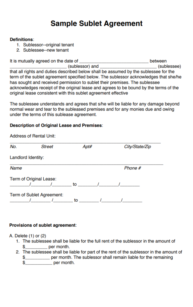 Sublet Agreement Template | Free Word & Excel Templates