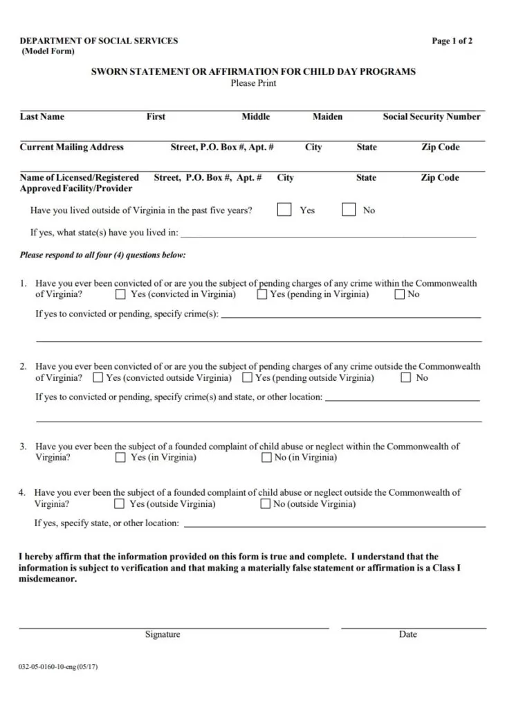 Child Day Sworn Statement Template