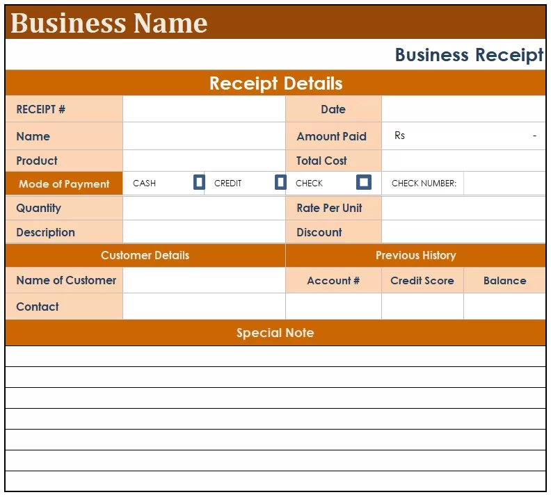 Business Receipt Template Excel