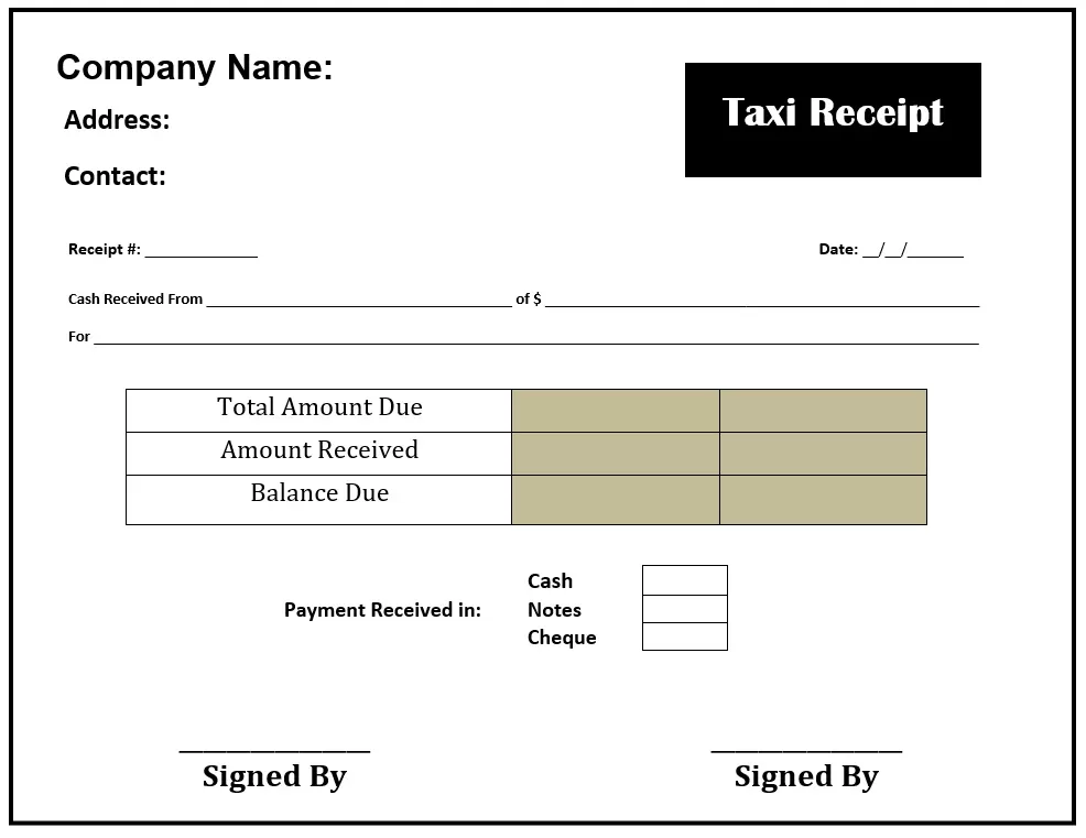 Cash Taxi Receipt Template