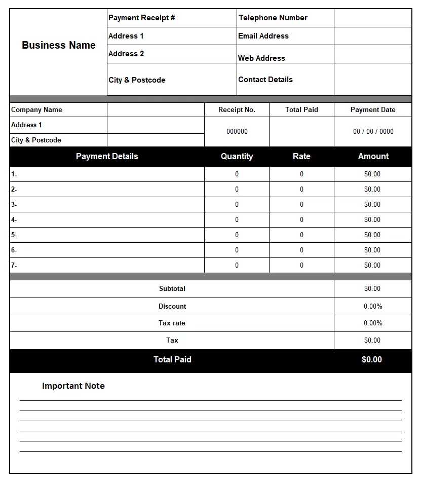 Payment Receipt Template Excel