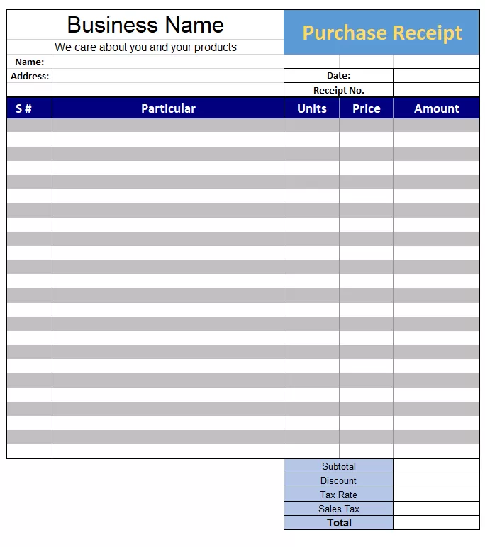 Purchase Receipt Excel