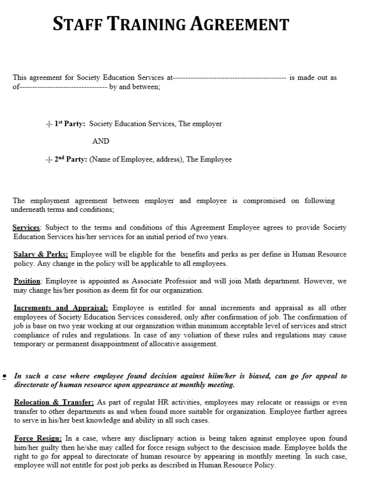 Staff Training Agreement Template