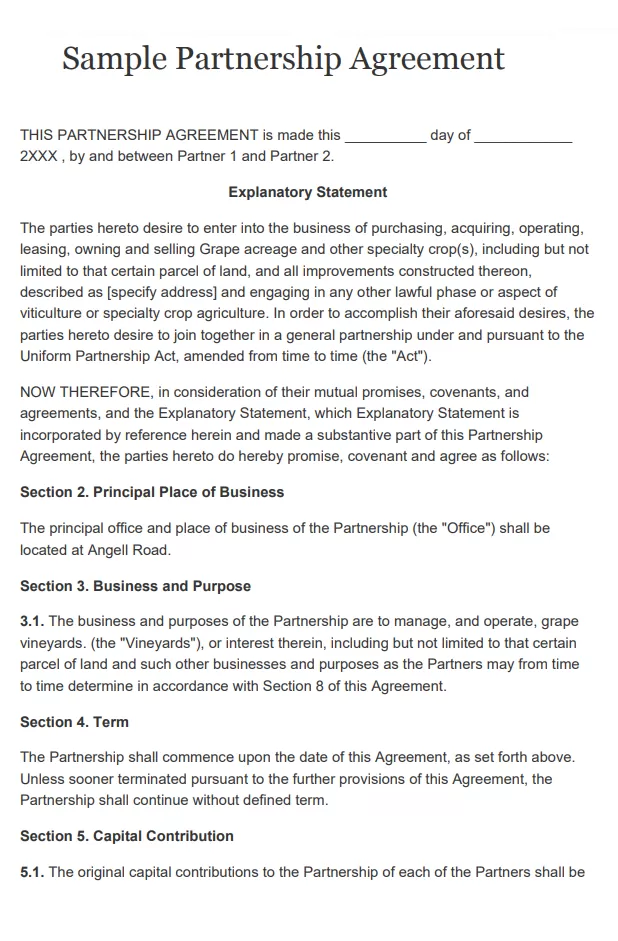 Partnership Agreement Sample