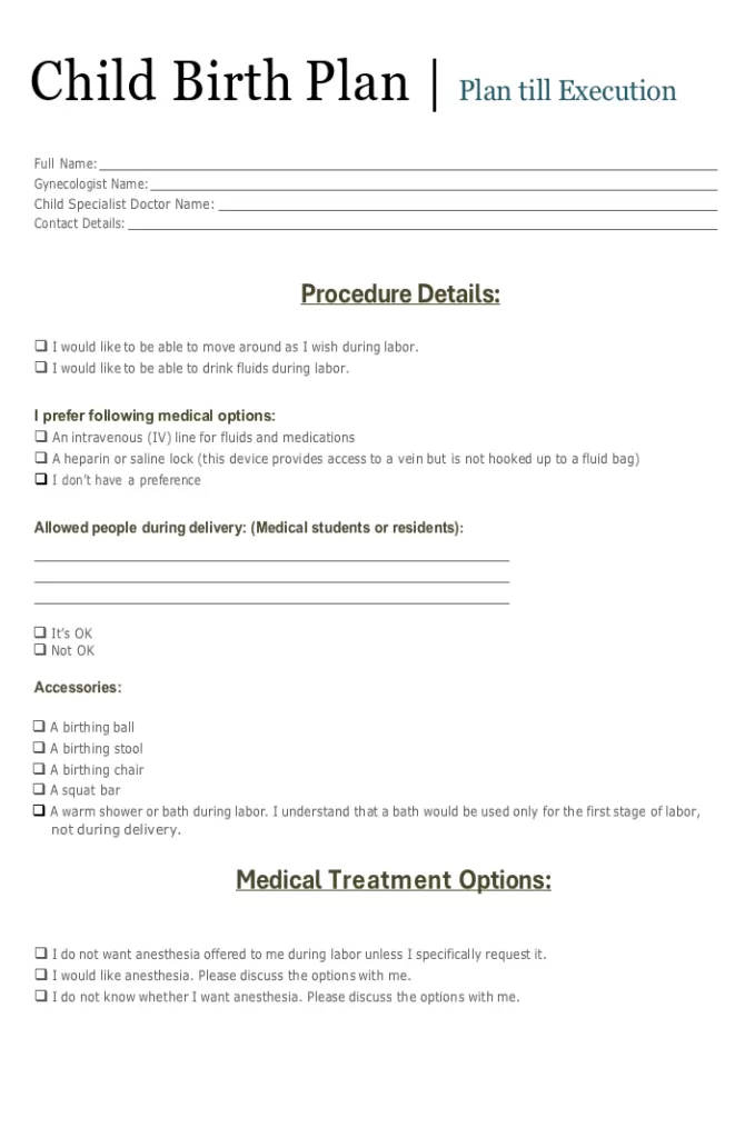 Child Birth Plan Template