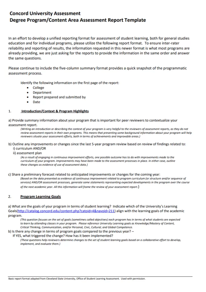 University Assessment Report Template