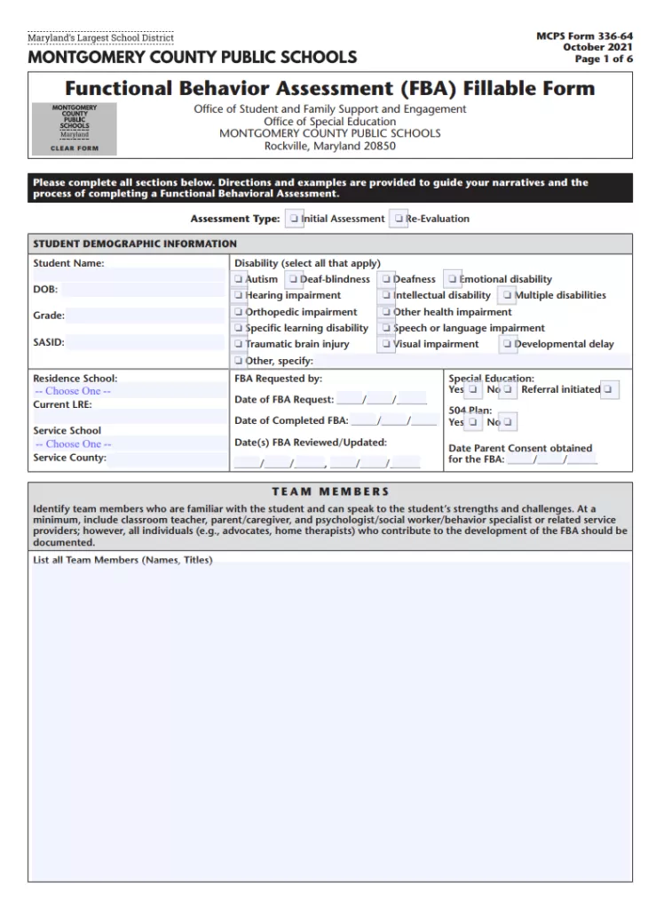 Functional Behavior Assessment Template