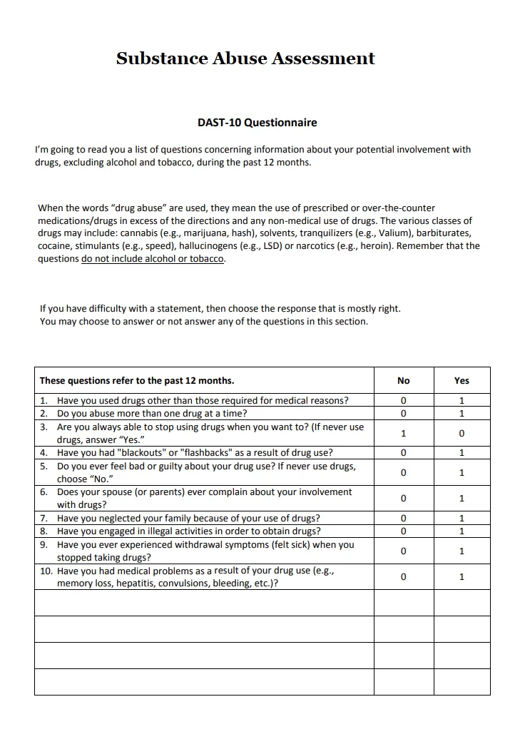 Substance Abuse Assessment Template