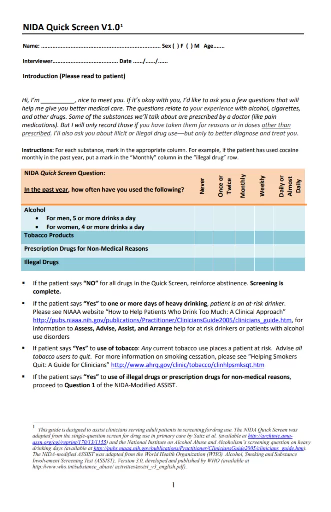 Substance Abuse and Screening Assessment Template