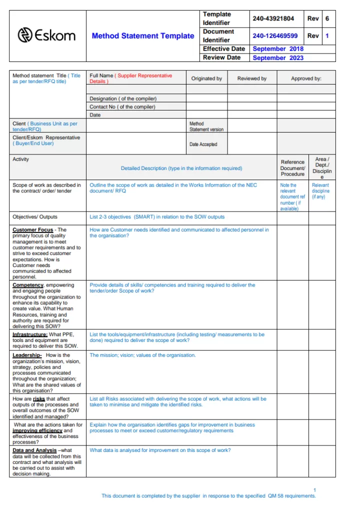 Printable Method Statement Template