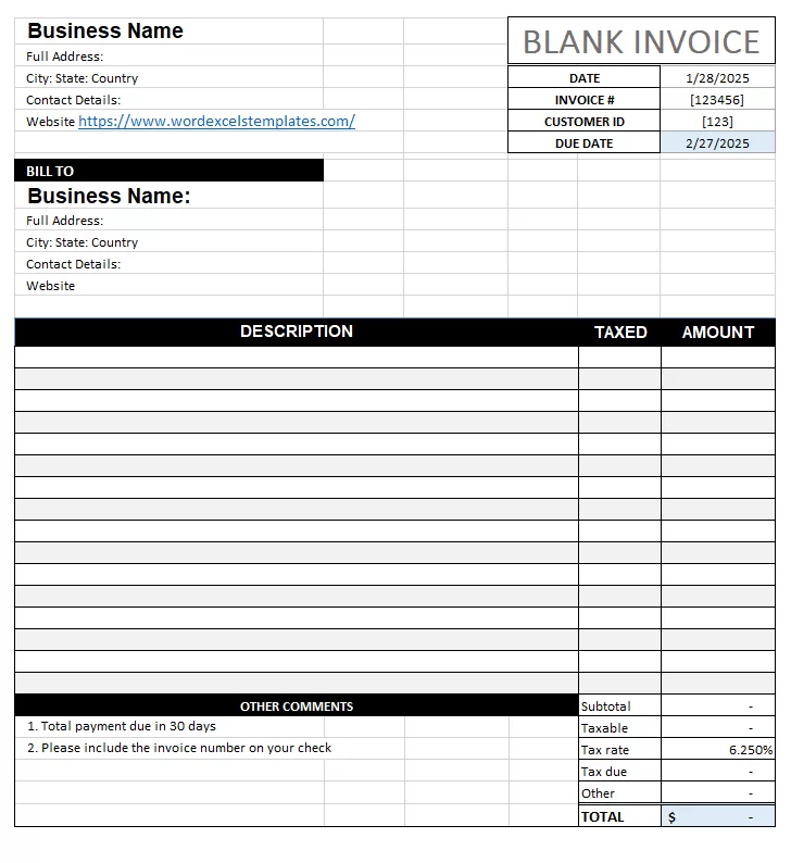 Blank Invoice Template Excel